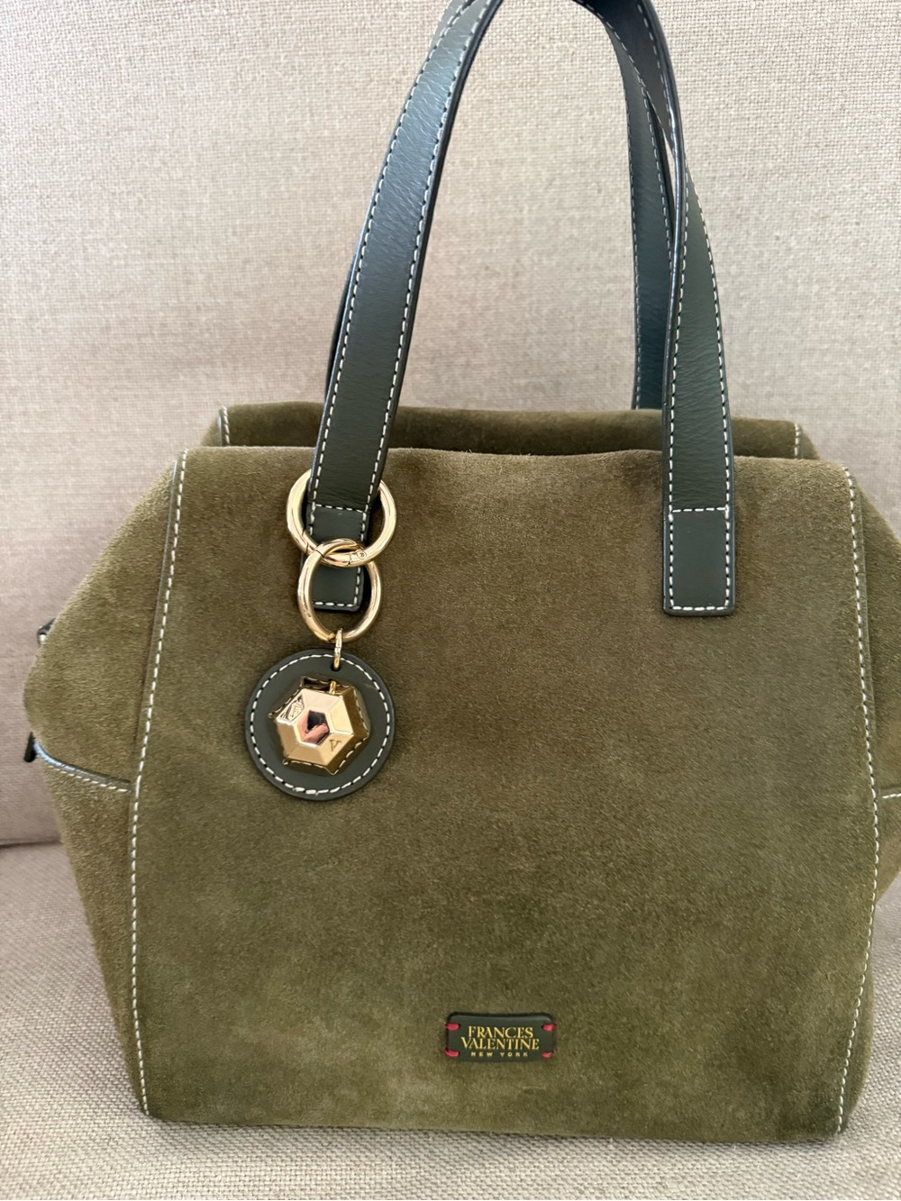 Frances Valentine Olive Suede Satchel with Dark Green Handles